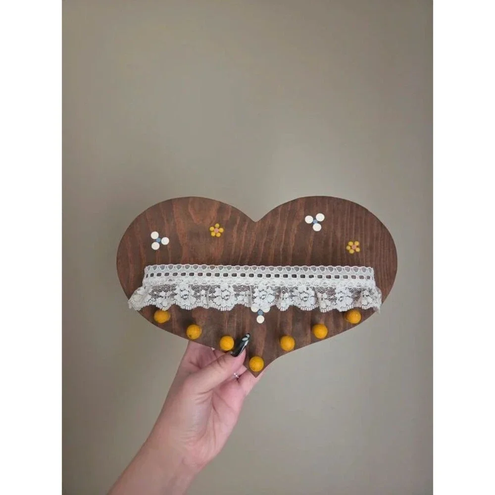 Cottagecore wooden heart wall key rack vintage